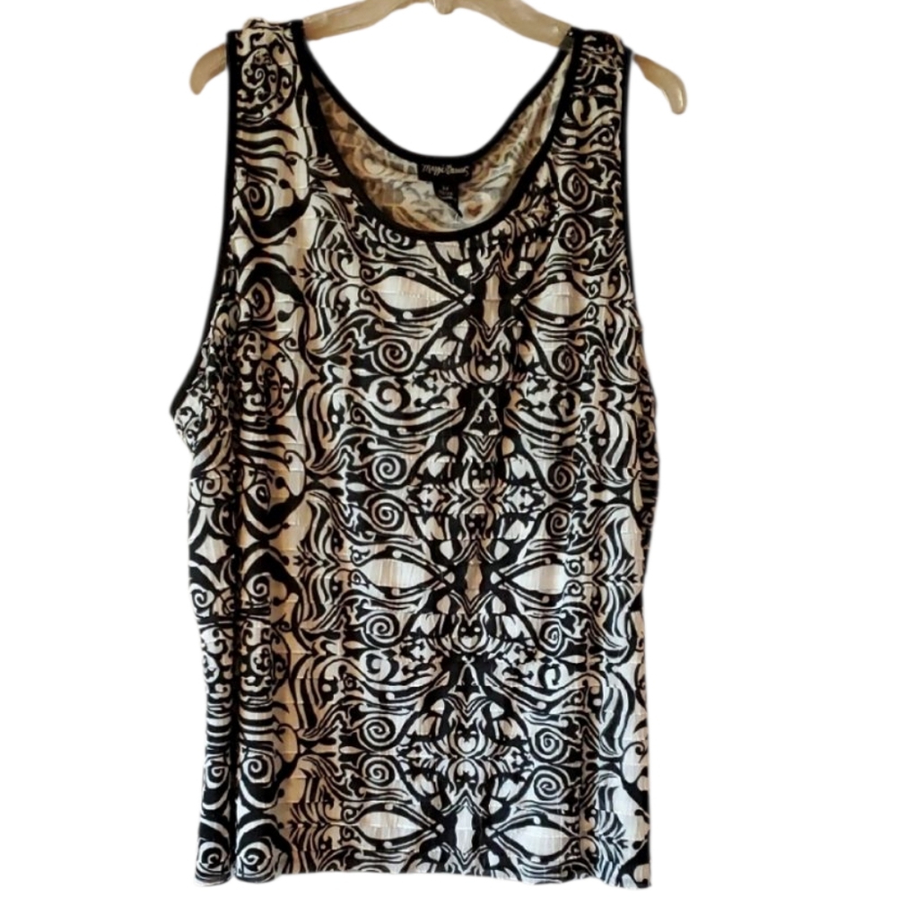 Maggie Barnes tiered Ruffles Eyelash 3X Tank Top NEW Black and White Bold Scroll